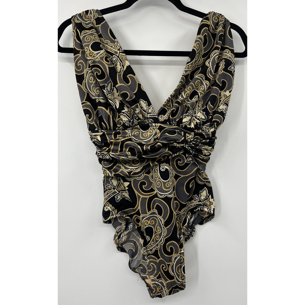 Vintage Catalina One Piece Bathing Suit Black Gold Ruched Lined Size 8 USA Made